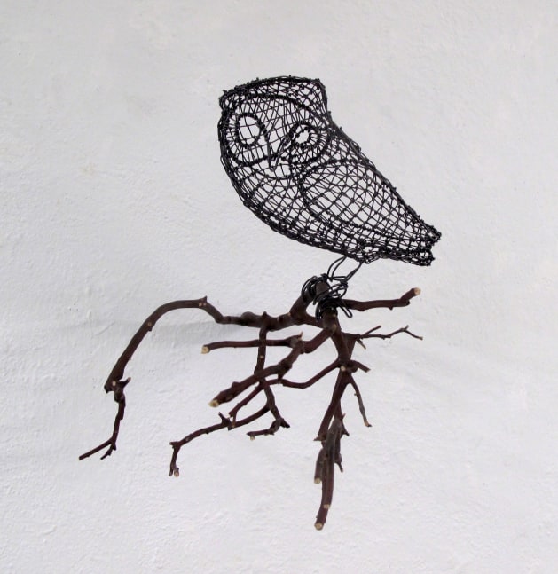 Helen Altman Small Owl, 2022 wire and Manzanita branch 13" x 13" x 16" HA 833 Moody gallery