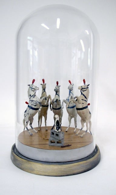 Helen Altman Performers, 2024 cast plaster, miscellaneous elements, wood and glass 10 1/4” x 6 3/4” x 6 3/4" HA 875 Moody Gallery