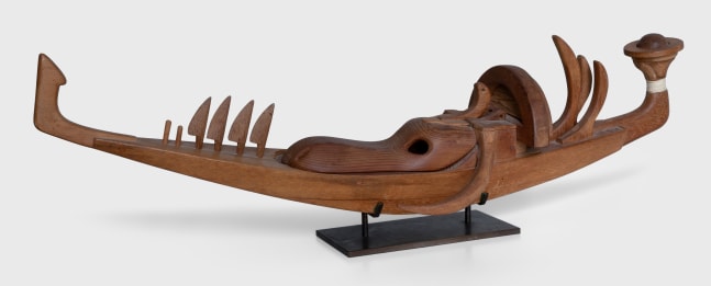 Roy Fridge, Pilgrim ship rests 'neath apis tongue, 1976, carved wood 8 1/2" x 28" x 6 1/2" MC 1046 Moody Gallery