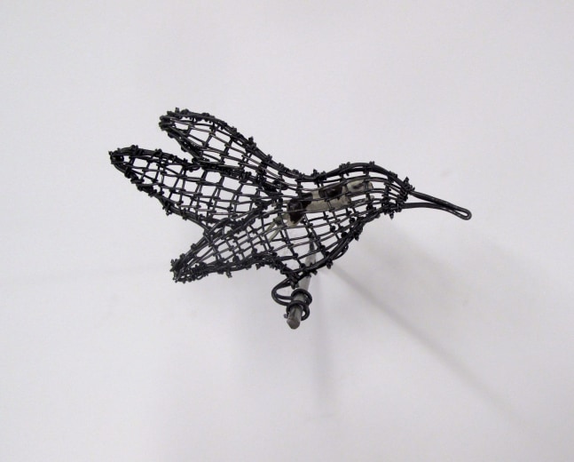 Helen Altman Running Dog / Hummer, 2023 steel wire, vintage Britains lead dog, metal perch 3" x 6" x 5 1/2" HA 856