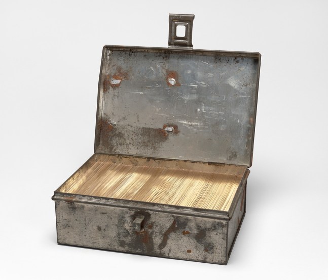 Al Souza Lockbox Souls, 2014 gilded page edges in tin lockbox 3 5/8" x 9 3/4" x 6 3/4" (in garden gallery) AS 1116, Moody Gallery
