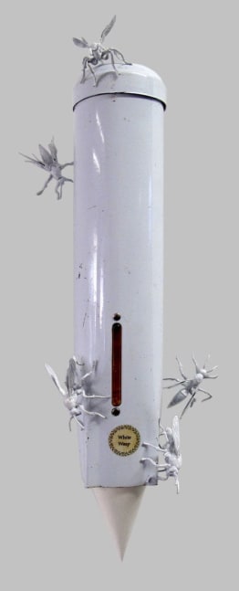 Helen Altman White Wasp, 2019 cup dispenser, paper cups, cast copper, paint and laser decal 17" x 5" x 4” HA 763, Moody Gallery