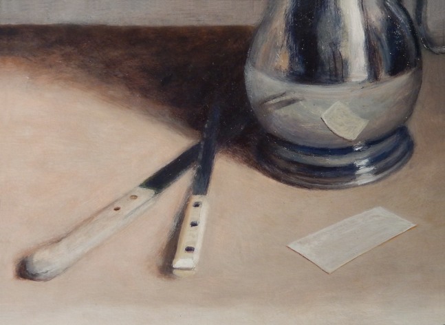 Jean Carruthers Wetta Still Life with Calling Card, 2016 oil on multi-media artboard 5" x 7" JCW 58 Moody Gallery