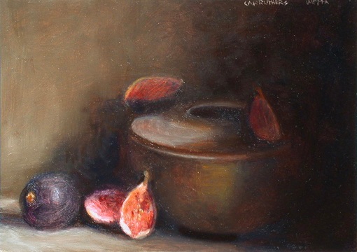 Jean Carruthers Wetta 3 Figs/1 Brass Pot, 2004 oil on multi-media artboard 5" x 7" JCW 80 Moody Gallery