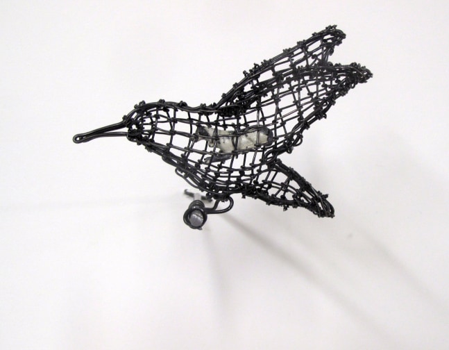 Helen Altman Lounging Hound / Hummer, 2023 steel wire, vintage Britains lead dog, metal perch 4" x 5" x 5 1/2" HA 848
