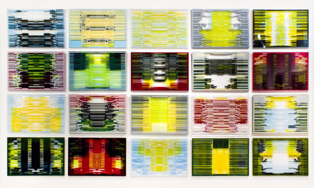 Barcodes, 2012
Series of 20 cut and layered plexiglass panels
Each panel: 16 x 24 x 1 in. (40.6 x 61 x 2.5 cm)
Installed: approx. 70 x 125 x 1 in. (177.8 x 304.8 x 2.5 cm)