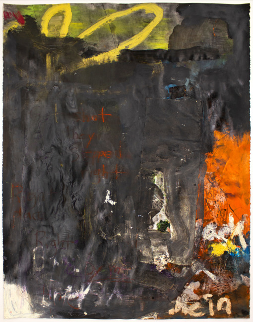 da gun with the flower (not seen), 2021 
Ink, pastel, acrylic, oil stick, paper
Paper: 50 x 38 in. (127 x 96.5 cm)
Frame: 52 1/2 x 40 3/4 in. (133.3 x 103.5 cm)
Maso-1027-C