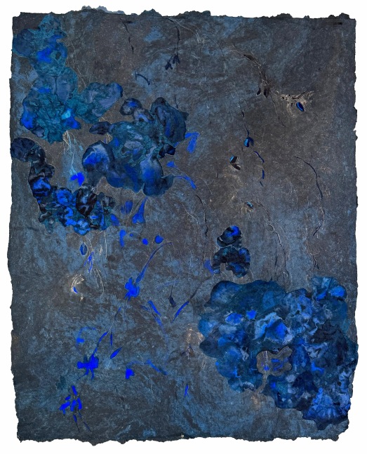 Algae Clusters II, 2025 
Handmade paper with jeans pulp, chine-collé, watercolors, gouache, and drawing
41 x 33 in. (104.1 x 83.8 cm)
Sala-1341-C