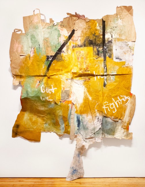 but we kept fighting, 2020 
Oil stick, paper, spray paint, tape, letterpress, drop cloth
95 1/2 x 75 in. (242.6 x 190.5 cm)
Maso-1014-C-OS