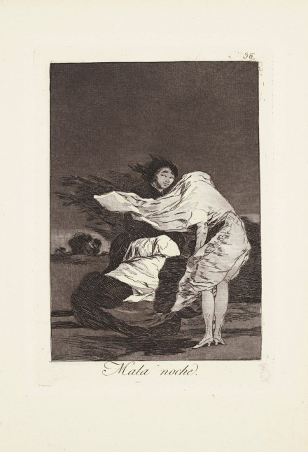 Francisco de Goya
A Bad Night (Mala Noche), 1799

Etching with burnished aquatint, drypoint and engraving,&amp;nbsp;on laid paper

Plate: 8 3/8 x 6 in. (21.3 x 15.2 cm)

Sheet: 11 3/4 x 8 in. (29.8 x 20.3 cm)

Frame: 14 1/2 x 11 in. (36.8 x 27.9 cm)

Goya-1000-C