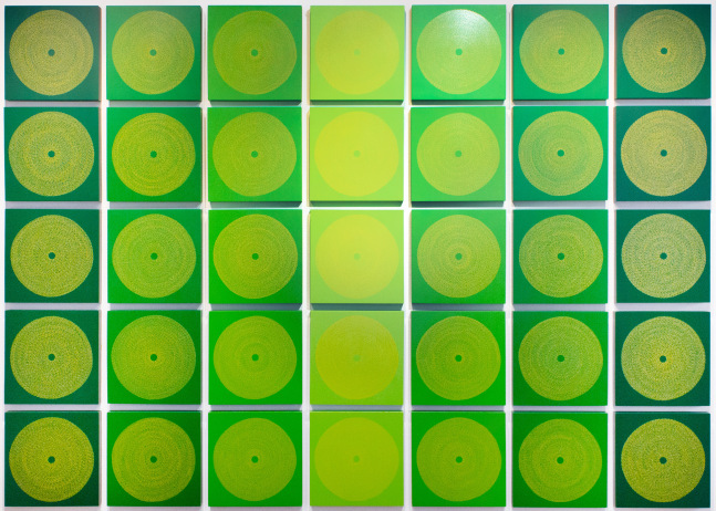 Yellow Circles on Green, 2021
Enamel on panel
64 x 92 in. (162.6 x 233.7 cm)
Brow-1172-C