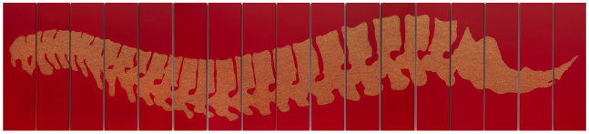 Gold Spine on Red, 2022
Enamel on wood panels
48 x 222 inches (121.9 x 563.9 cm)
Brow-1181-C