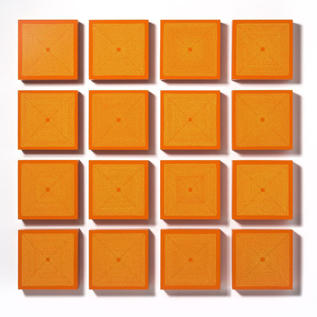 Yellow Squares on Orange, 2013
Enamel on panel
27 x 27 inches installed
Each panel: 6 x 6 inches, 16 panels
Brow-1048-C