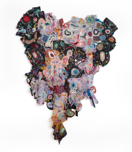 Harriet's Quilt, 2016-2022
Plastic and glass beads, yarn and knotted fabric by Elizabeth Talford Scott, polyester fabric, painted stainless steel armature
103.5 x 79.5 x 6 in. (262.9 x 201.9 x 15.2 cm)
Private Collection