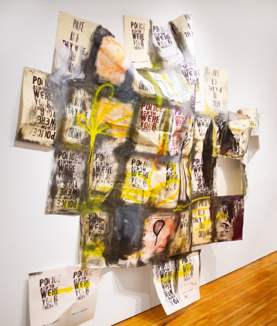 it's unclear... What you are conditioned to think... to believe, 2019-2020
Charcoal, spray paint, letterpress prints, oil stick
99 x 121 x 14 1/2 in. (251.5 x 307.3 x 36.8 cm)
Maso-1028-C