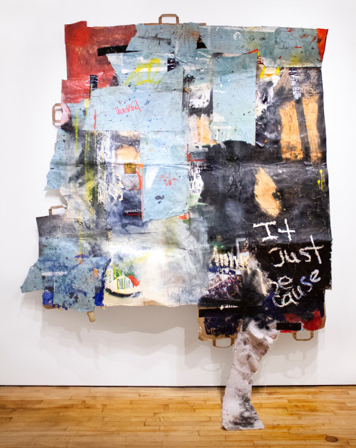 we've been trying, we've been winning, 2020 
Oil stick, paper, spray paint, tape, drop cloth
89 x 77 1/2 in. (226.1 x 196.8 cm)
Maso-1015-C-OS