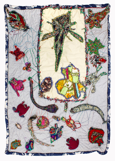 Voyage to the Bottom of the Sea, 1992
Fabric, thread, rocks, beads, buttons, shells
69 x 51 in. (175.3 x 129.5 cm)
TScott-1022-C