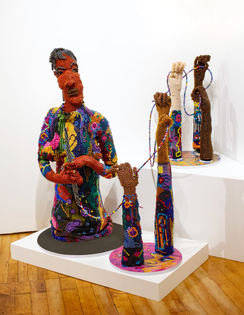 Joyce's Passport, 2024
Plastic beads, thread, wire, MDF board
Dimensions variable
Beaded figure: 47.5 x 30 x 24 in.
Group of 4 arms: 28 x 18.25 x 18.25 in.
Group of 2 arms: 32 x 16.25 x 16.25 in.
Scot-1434-C