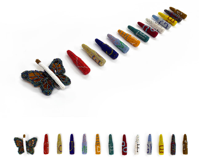 Excessive Force,&amp;nbsp;2018

Glass beads, thread, glass, found object

Bullets (each): 2.88 x 0.75 x 0.75 in. (7.3 x 1.9 x 1.9 cm)

Butterfly: 3.5 x 3.25 x 1.25 in. (8.9 x 8.3 x 3.2 cm)

Scot-1151-C


Beaded bullets with the initials of individuals who perished through the use of excessive force. Individuals include:
Katheryn Johnson, Tamir Rice, Korryn Gaines, Trayvon Martin, Rodney King, Mike Brown, Philando Castille,
Sandra Bland, Erica Garner, Amadou Diallo, Freddie Gray, Tanisha Anderson, Eric Garner&amp;#39;s Soul (Butterfly)