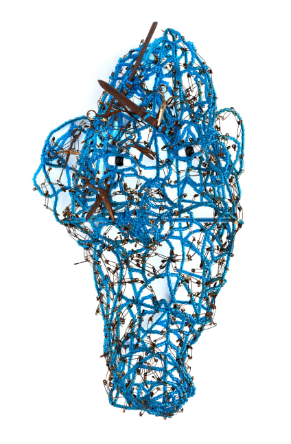 Untitled (Blue Face), circa 1990s
Beads, thread, wire, metal, safety pins, scissors, knife, letter opener, oxidation
39 x 22 x 15 in. (99.1 x 55.9 x 38.1 cm)
Scot-1239-C