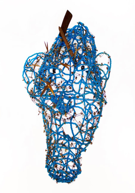 Untitled (Blue Face), circa 1990s
Beads, thread, wire, metal, safety pins, scissors, knife, letter opener, oxidation
39 x 22 x 15 in. (99.1 x 55.9 x 38.1 cm)
Scot-1239-C