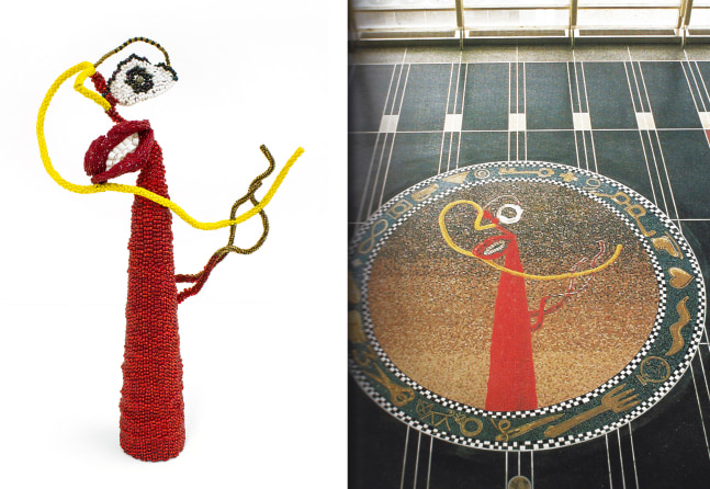 Lips, 1991
Glass beads, thread, wire
17 x 9 1/4 x 3 in. (43.2 x 23.5 x 7.6 cm)
Scot-1121-C
*Lips (sculpture) pictured next to Lips (floor medallion) marble and glass mosaic, 18-foot diameter, installed at Reagan Washington National Airport, Concourse Level Terminal C, Arlington, VA
 
