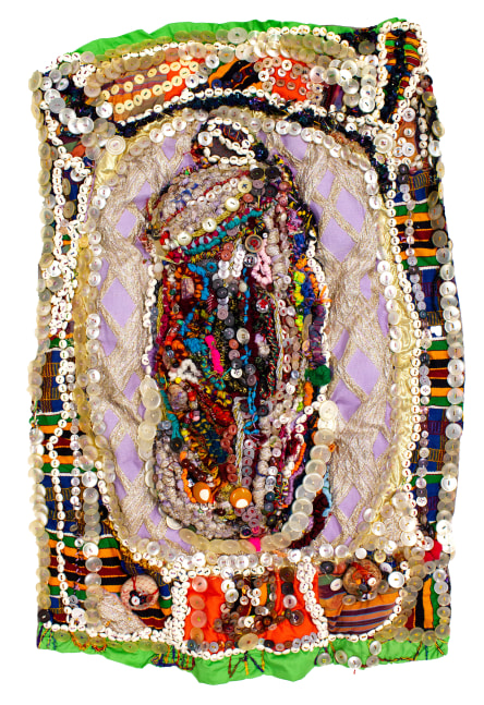 Temple,&amp;nbsp;1996
Fabric, beads, buttons, rocks, sequins, yarn, thread
35 x 24 x 3 1/2 in. (88.9 x 61 x 8.9 cm)
TScot-1042-C
&amp;copy; The Estate of Elizabeth Talford Scott at Goya Contemporary Gallery