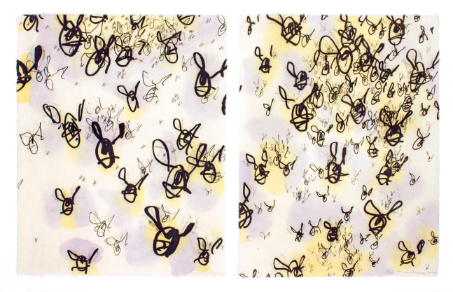 Swarm, 2000
Solar etching printed on Sekishu paper with hand applied watercolor
Diptych: 20 x 16 in. (50.8 x 40.64 cm) each
Edition of 30
Printed and published by Goya Contemporary / Goya-Girl Press
CHA-0319-CO