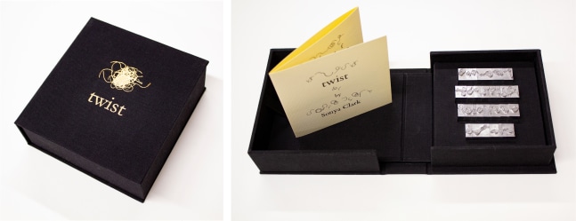 Sonya Clark
Twist,&amp;nbsp;2022&amp;nbsp;
Custom portfolio box, metal type, documentation with artist&amp;rsquo;s signature
Closed: 4 1/2 x 4 1/4 x 1 1/2 in. (11.4 x 10.8 x 3.8 cm)
Open: 4 1/2 x 10 1/8 x 1 1/2 in. (11.4 x 25.7 x 3.8 cm)
Edition 3 of 10
Clar-1060-C