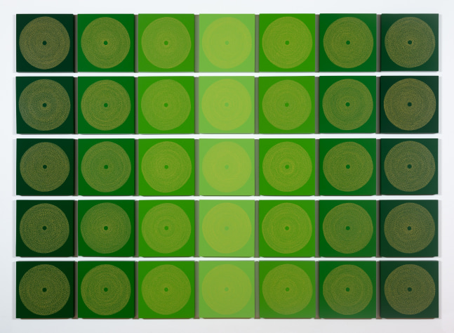 Yellow Circles on Green,&amp;nbsp;2021
Enamel on panel
64 x 92 in. (162.6 x 233.7 cm)
Brow-1172-C