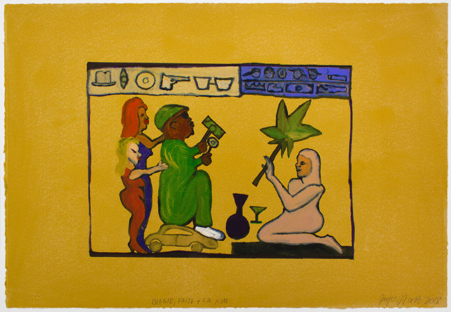 Biggie, Faith + Lil' Kim from the Book of the Dead series, 2018 
Monoprint
Paper: 15 x 22 in. (38.1 x 55.9 cm)
Frame: 18 x 26.75 in. (45.7 x 68 cm)
Published by Goya Contemporary / Goya-Girl Press
Scot-1178-C