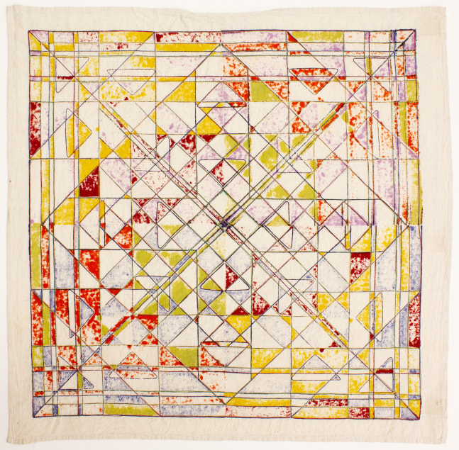 Thin Good Brother (India), 1980 
Cotton dyes, woodblock, stitching on mosquito netting and unbleached cotton muslin
27 x 27 in. (68.6 x 68.6 cm)
Edition 22 of 26
Shie-1015-C