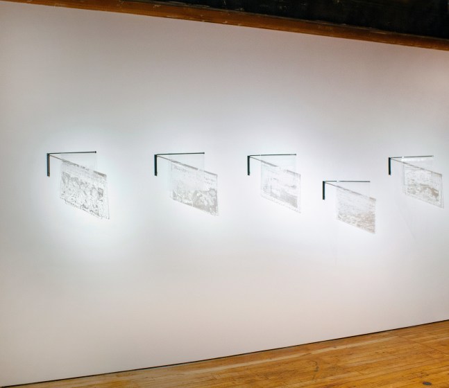 Newspaper, Almost Transparent Series, 2019
Engraved and sandblasted folded glass with articulated shadow projection print, metal armature
12 x 12 in. (30.5 x 30.5 cm) each
Variable edition of 5
Sala-1246-C