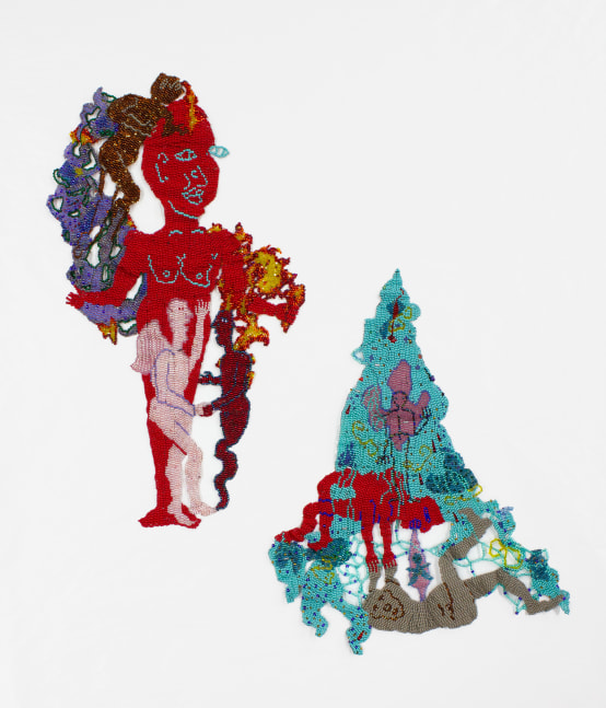Intentional, 2022
Glass beads, thread
Right piece: 16 x 9 in. (40.64 x 22.86 cm)
Left piece: 12 x 10 in. ( 30.48 x 25.4 cm)
Scot-1258-C