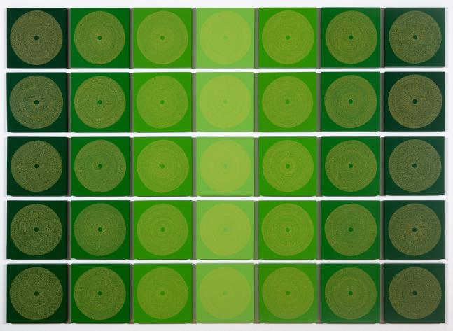 Yellow Circles on Green,&amp;nbsp;2021
Enamel on panel
64 x 92 inches installed
Each panel: 12 x 12 inches, 35 panels
Brow-1172-OS