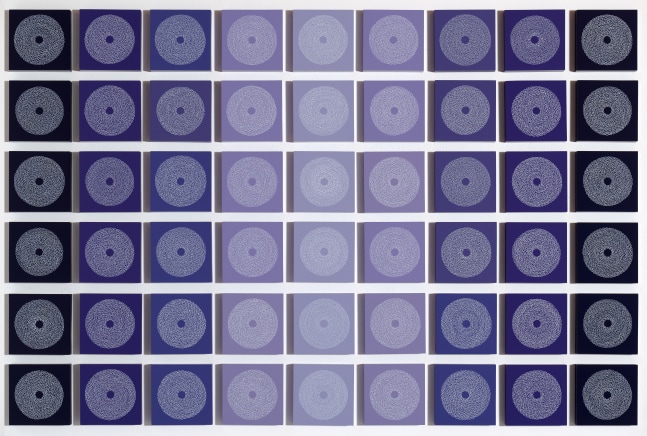 White Circles on Purple, 2021-2022
Enamel on panel
41 x 64 inches installed
Each panel: 6 x 6 inches, 54 panels
Brow-1171-OS