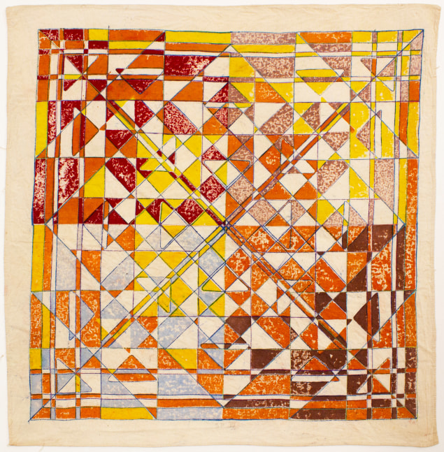 Thin Good Brother (India), 1980 
Cotton dyes, woodblock, stitching on mosquito netting and unbleached cotton muslin
27 x 27 in. (68.6 x 68.6 cm)
Edition 24 of 26
Shie-1016-C