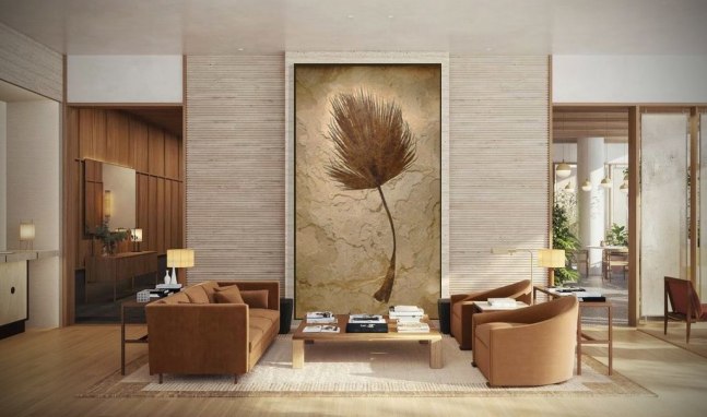 A giant fossil palm frond dating from the Early Eocene decorates the living room wall of a contemporary home