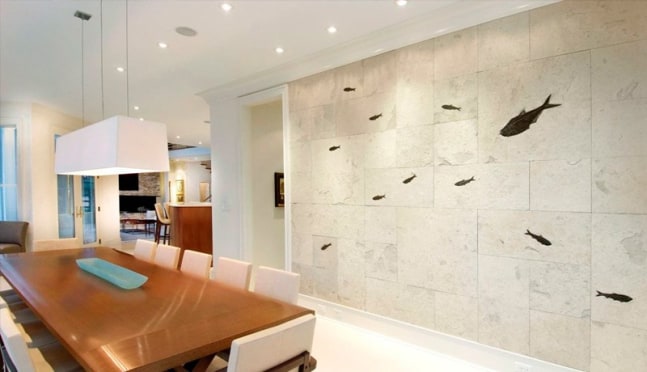 Fossil tile feature wall in a Florida home
