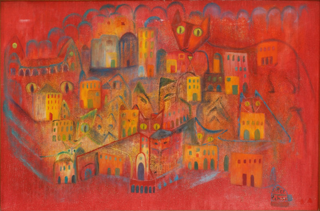 Alice Rahon

City of Cats, 1968

Oil and sand on canvas mounted on board

23 1/4 x 35 in (59.1 x 89 cm)