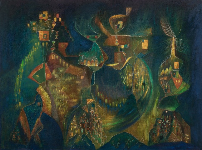 Alice Rahon

Los cuatro hijos del arco&amp;iacute;ris (The Four Children of the Rainbow), 1960

Oil and sand on canvas

38 x 51 in (96.8 x 129.8 cm)
