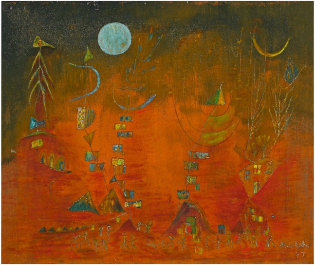 Alice Rahon

Los gnomos (Leprechauns), 1951

Oil and sand on canvas

19 x 22 13/16 in (48.3 x 57.9 cm)