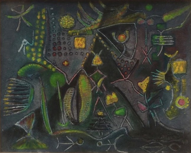 Alice Rahon

Dents de lion (Lion&amp;rsquo;s Teeth), 1945

Oil and sand on canvas board

8 x 10 in (20 5/16 x 25 3/8 cm)