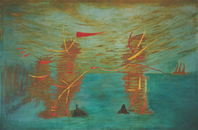 Alice Rahon

El dios Eh&amp;eacute;catl encontrando a una mujer (The God Eh&amp;eacute;catl Finding a Woman), 1955&amp;nbsp;

Oil and sand on canvas

46 1/2 x 70 7/10 in (118 x 179.5 cm)