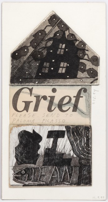 Ray Johnson, Untitled (Grief), 12.9.93, 3.25.94, Mixed media collage on illustration board, 7.5 x 4 in., 13993