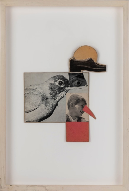 Ray Johnson,&amp;nbsp;Untitled (Moticos with Bird and Shoe),&amp;nbsp;circa 1953, Mixed media collage on cardboard, 8 x 7 (20 x 18), 20753
