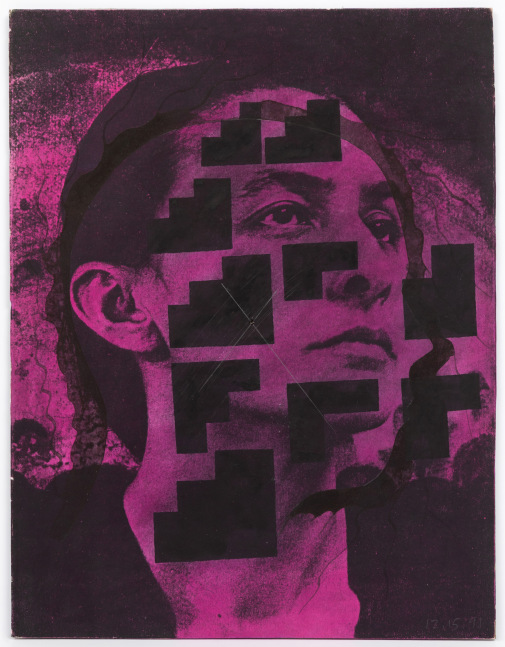 Ray Johnson, Untitled (Magenta Georgia O&amp;rsquo;Keefe), 12.15.91, Mixed media collage on cardboard panel, 10.75 x 8.25 (27.3 x 21), 11932