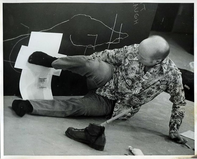 Ray Johnson in NYCS Exhibition and Valentine&amp;#39;s Day performance in conjunction with &amp;quot; Invitation Correspondence&amp;quot; Exhibition, Western Illinois University at Macomb, February 1974. Photograph by John Orandello
