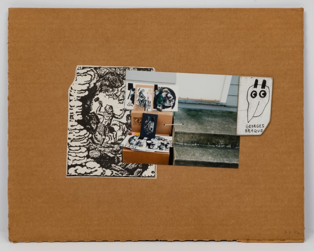 Ray Johnson, Untitled (George Braque with Photo), 4.4.92, Mixed media collage on corrugated cardboard, 10 x 12.625 (25.4 x 32.1), 11095