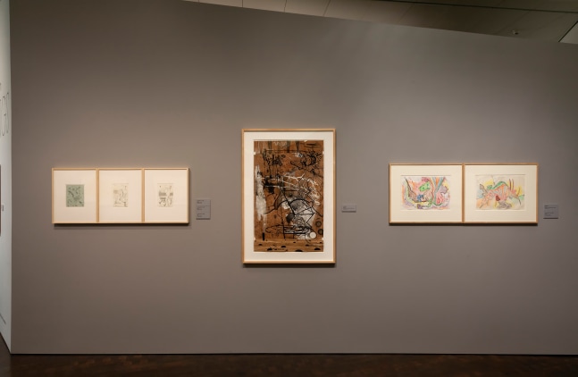Installation view of drawings by Carroll Dunham